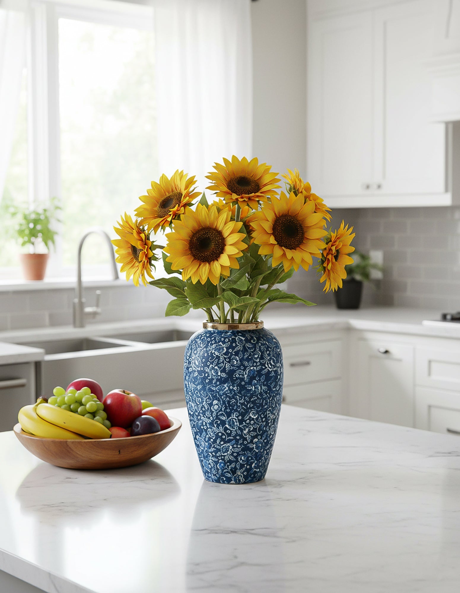 SOGA 30x19cm Blue with White Mini Floral Medium Ceramic Flower Vase Elegant Living Room Home Decor