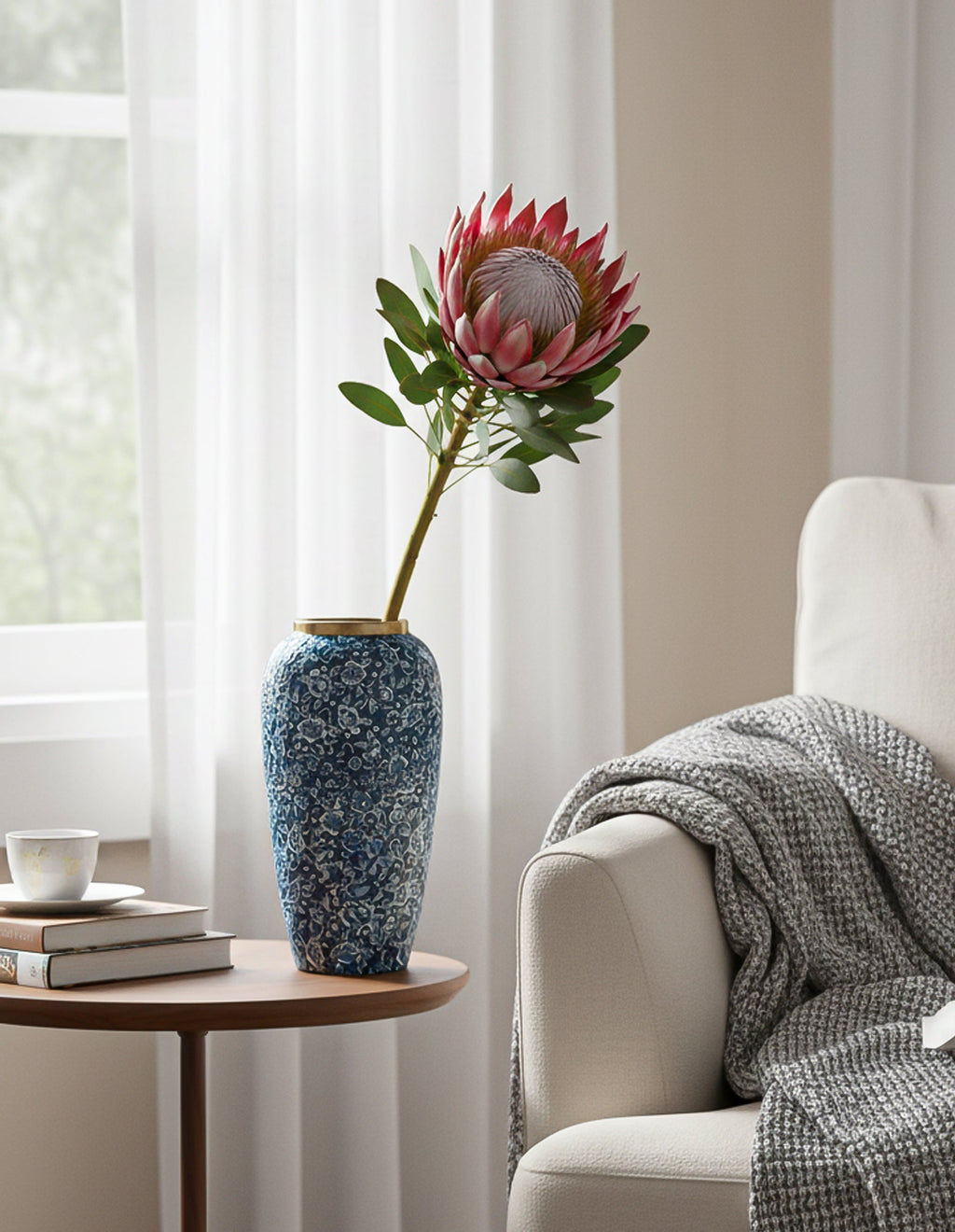 SOGA 35x17cm Blue with White Mini Floral Large Ceramic Flower Vase Elegant Living Room Home Decor
