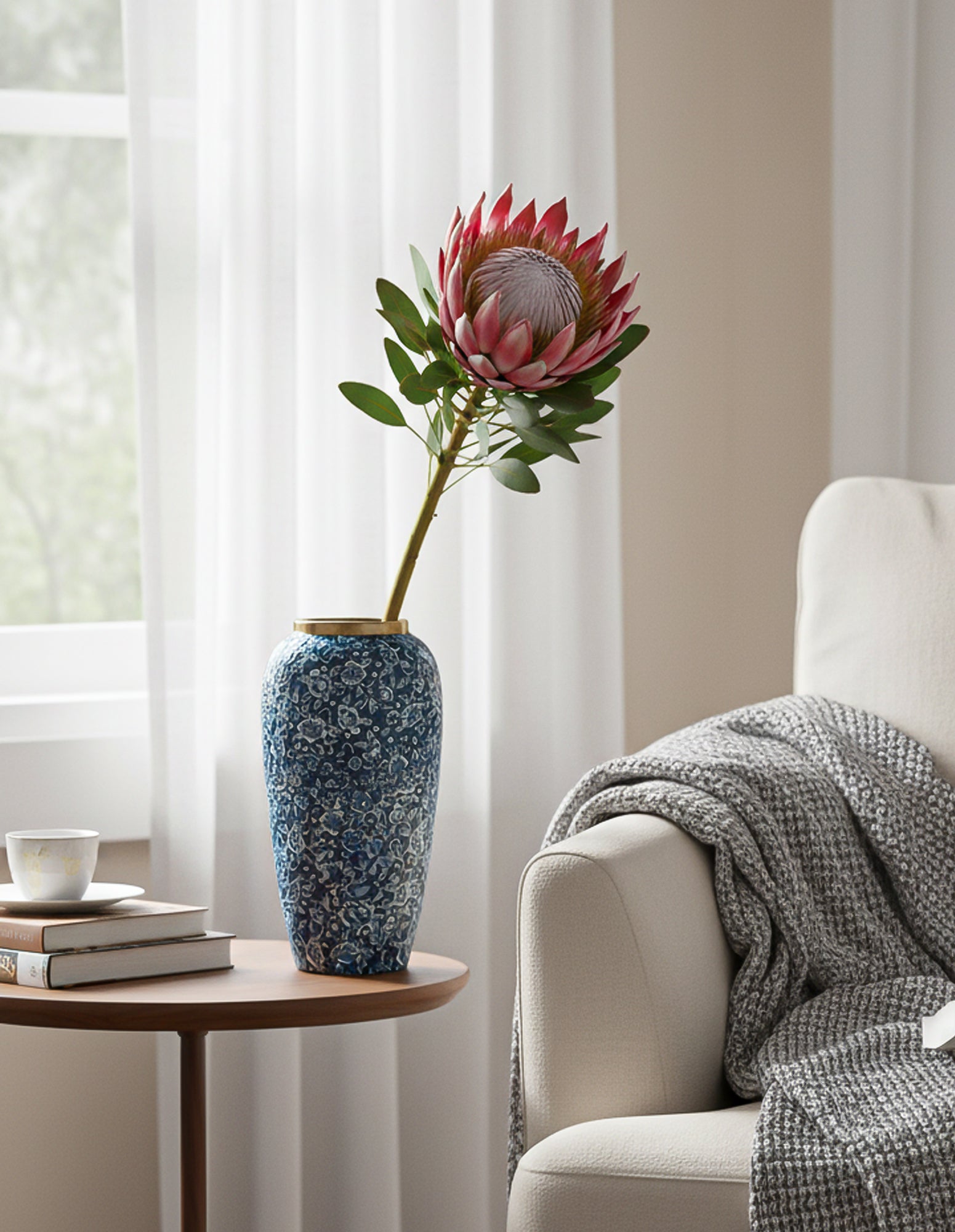 SOGA 35x17cm Blue with White Mini Floral Large Ceramic Flower Vase Elegant Living Room Home Decor