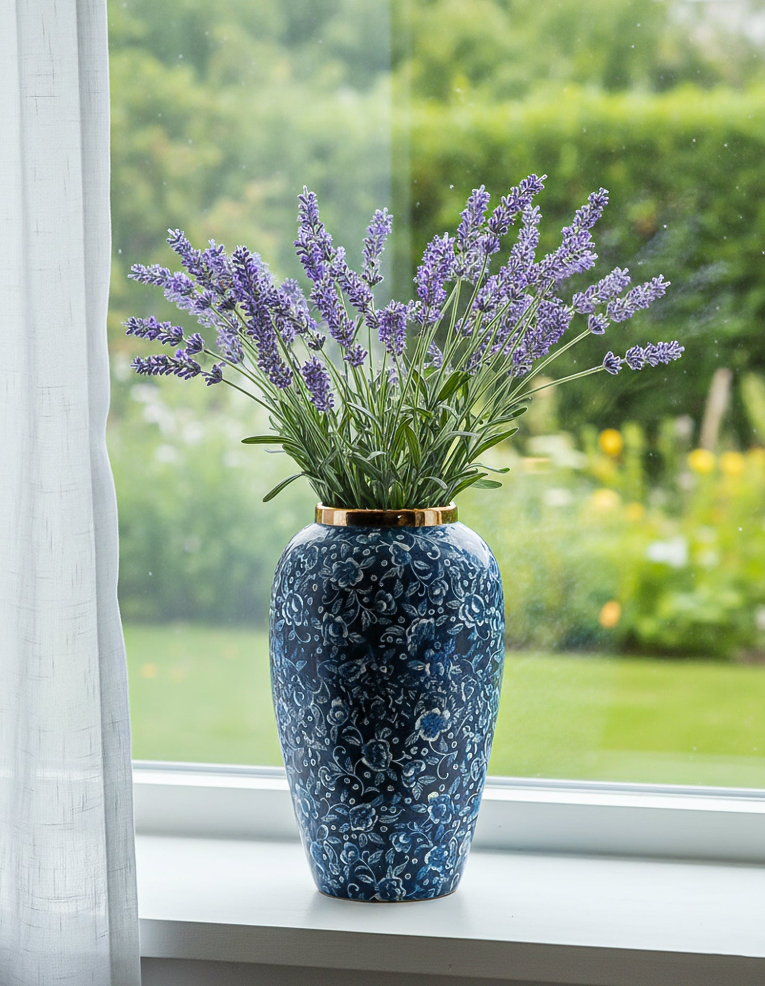 SOGA 30x19cm Blue with White Mini Floral Medium Ceramic Flower Vase Elegant Living Room Home Decor
