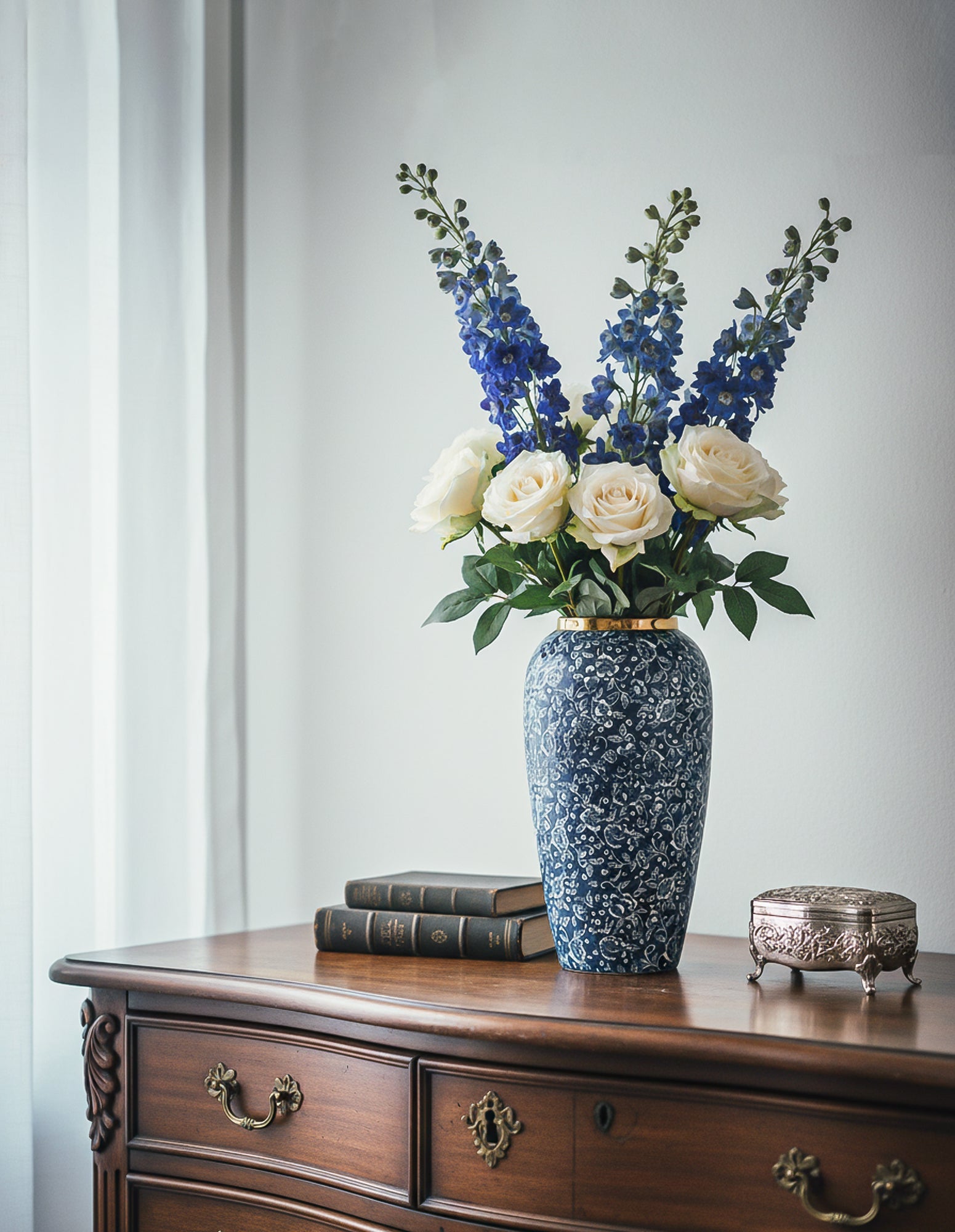 SOGA 35x17cm Blue with White Mini Floral Large Ceramic Flower Vase Elegant Living Room Home Decor