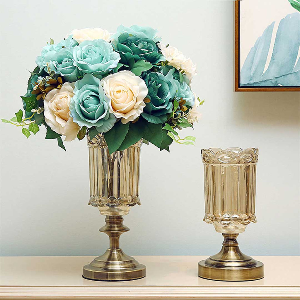 NNEAGS 25cm Transparent Glass Flower Vase with Metal Base Filler Vase