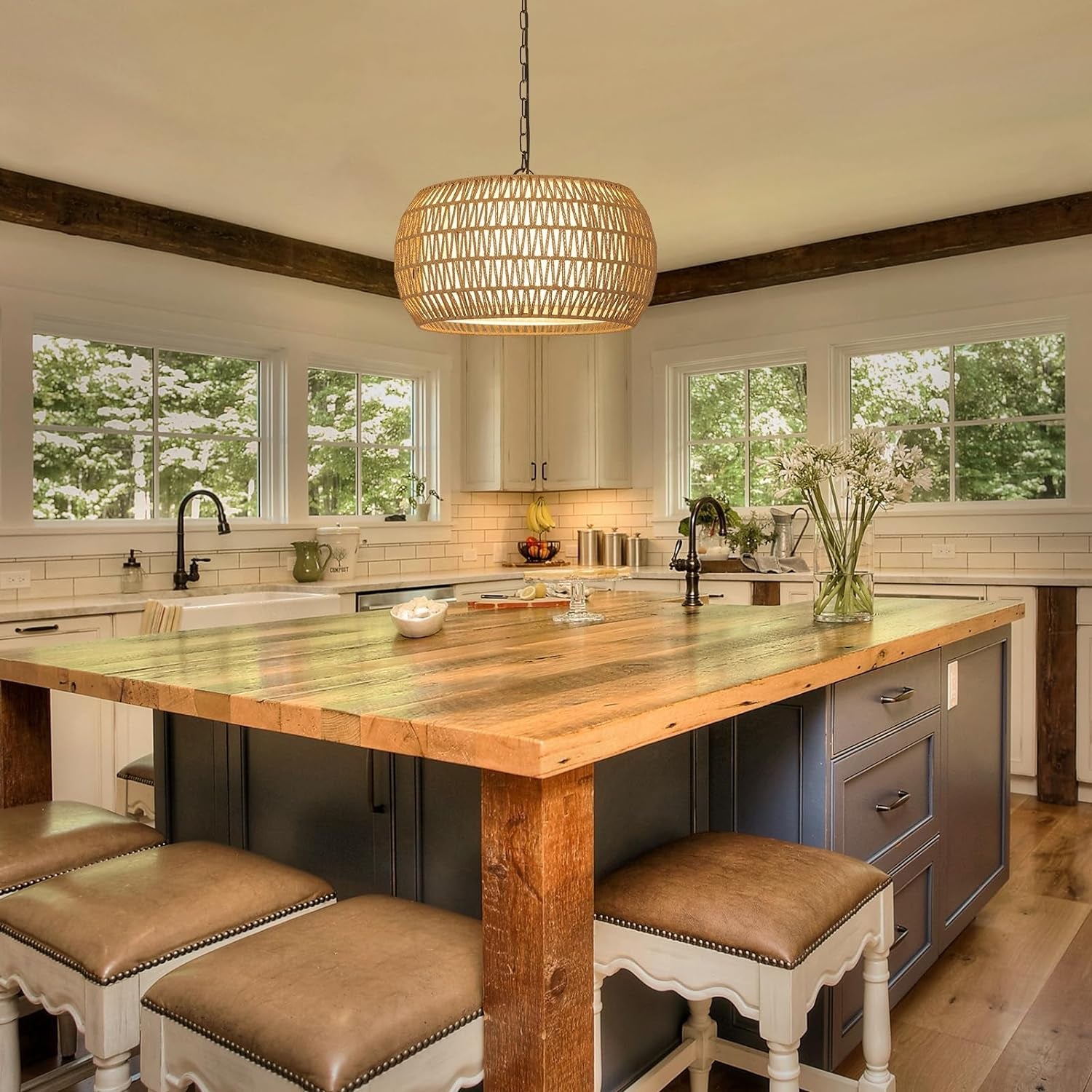 Rattan Farmhouse 5 Light Chandelier With Fabric Shade