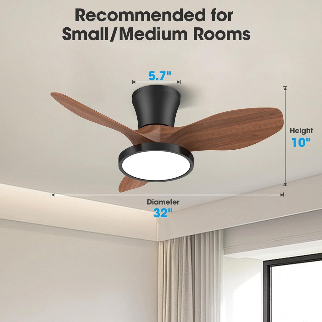 32 Inch Quiet Ceiling Fan With LED Light Remote Control Walnut Finish