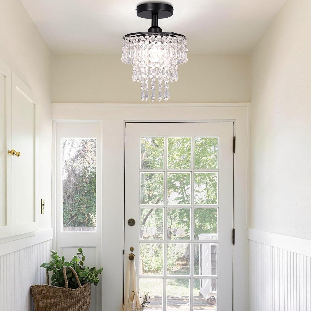 Small Black Crystal Chandelier Flush Mount With Raindrops