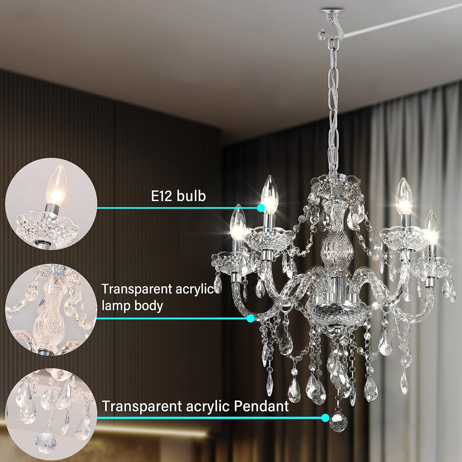2 Pack 5 Light Crystal Pendant Lights Plug In With Clear Cord And On