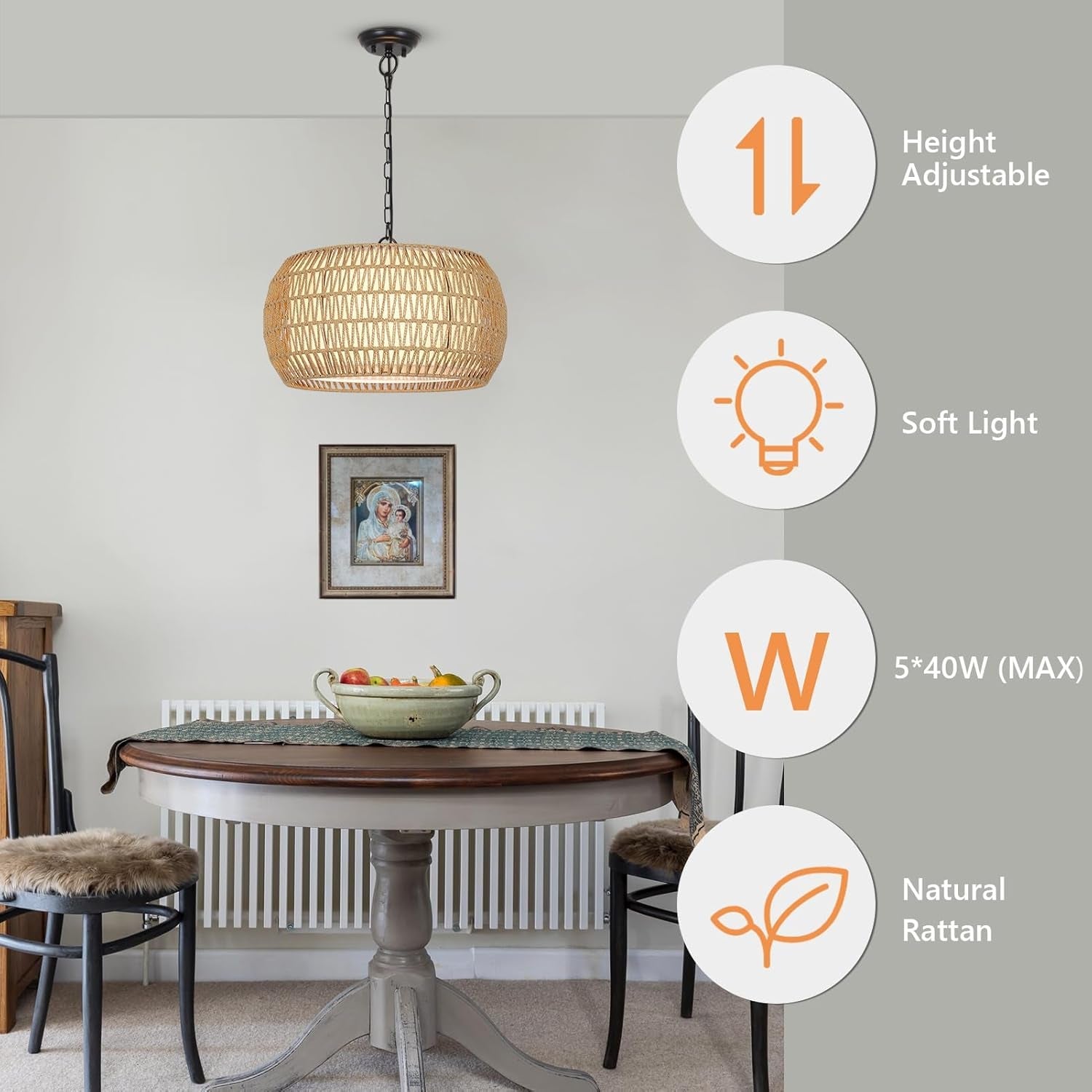 Rattan Farmhouse 5 Light Chandelier With Fabric Shade