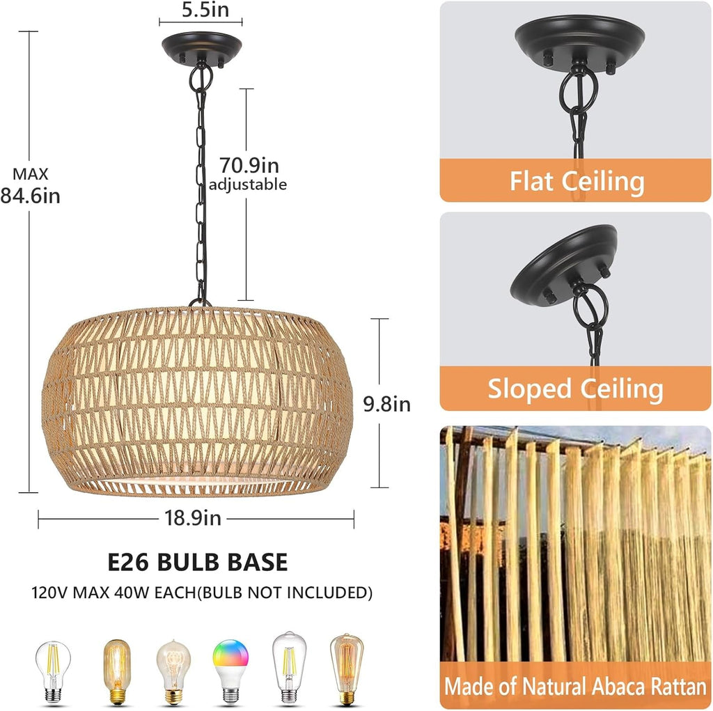 Rattan Farmhouse 5 Light Chandelier With Fabric Shade