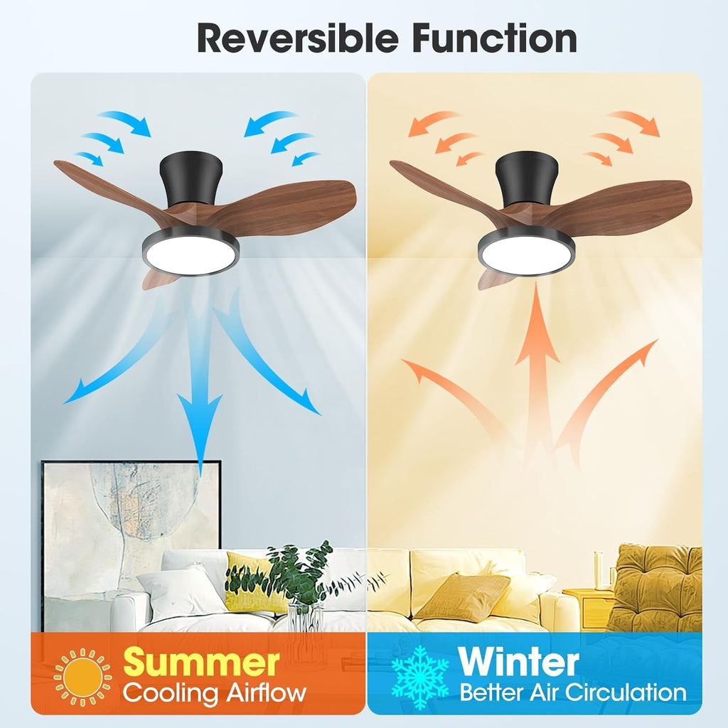 32 Inch Quiet Ceiling Fan With LED Light Remote Control Walnut Finish