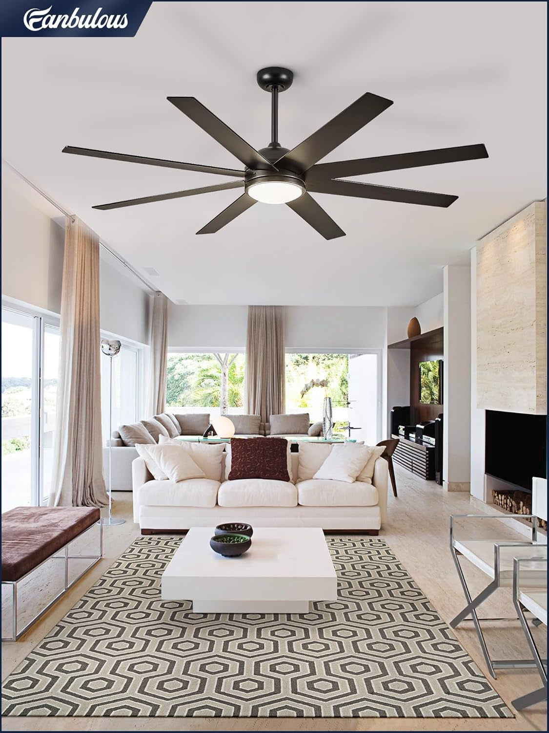 72 Inch Black Outdoor Ceiling Fan With Light And Remote