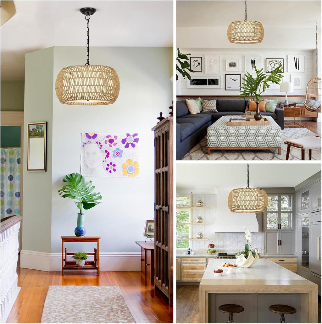 Rattan Farmhouse 5 Light Chandelier With Fabric Shade