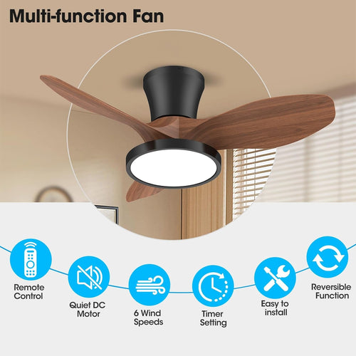 32 Inch Quiet Ceiling Fan With LED Light Remote Control Walnut Finish