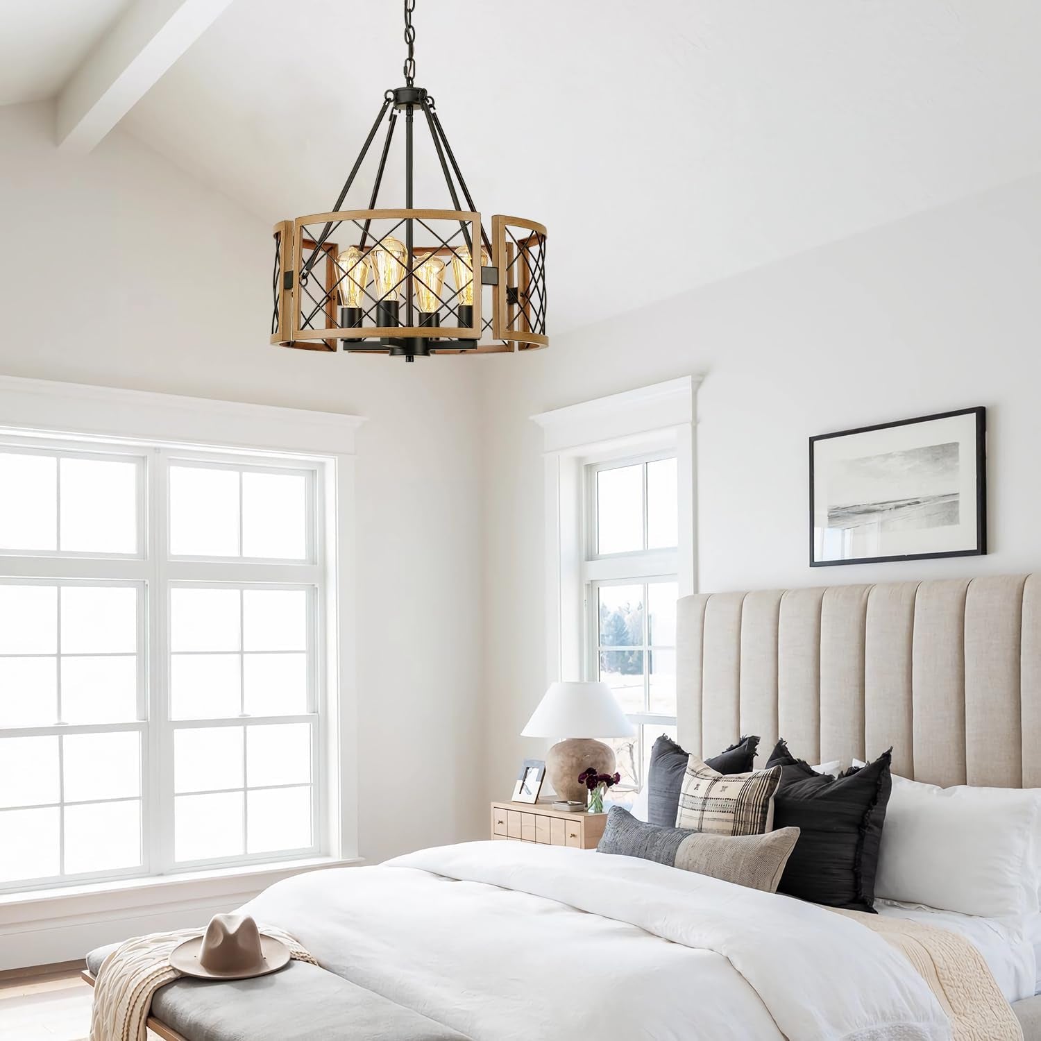 D19 Inch Farmhouse Chandelier 4 Light Pendant Black Oak