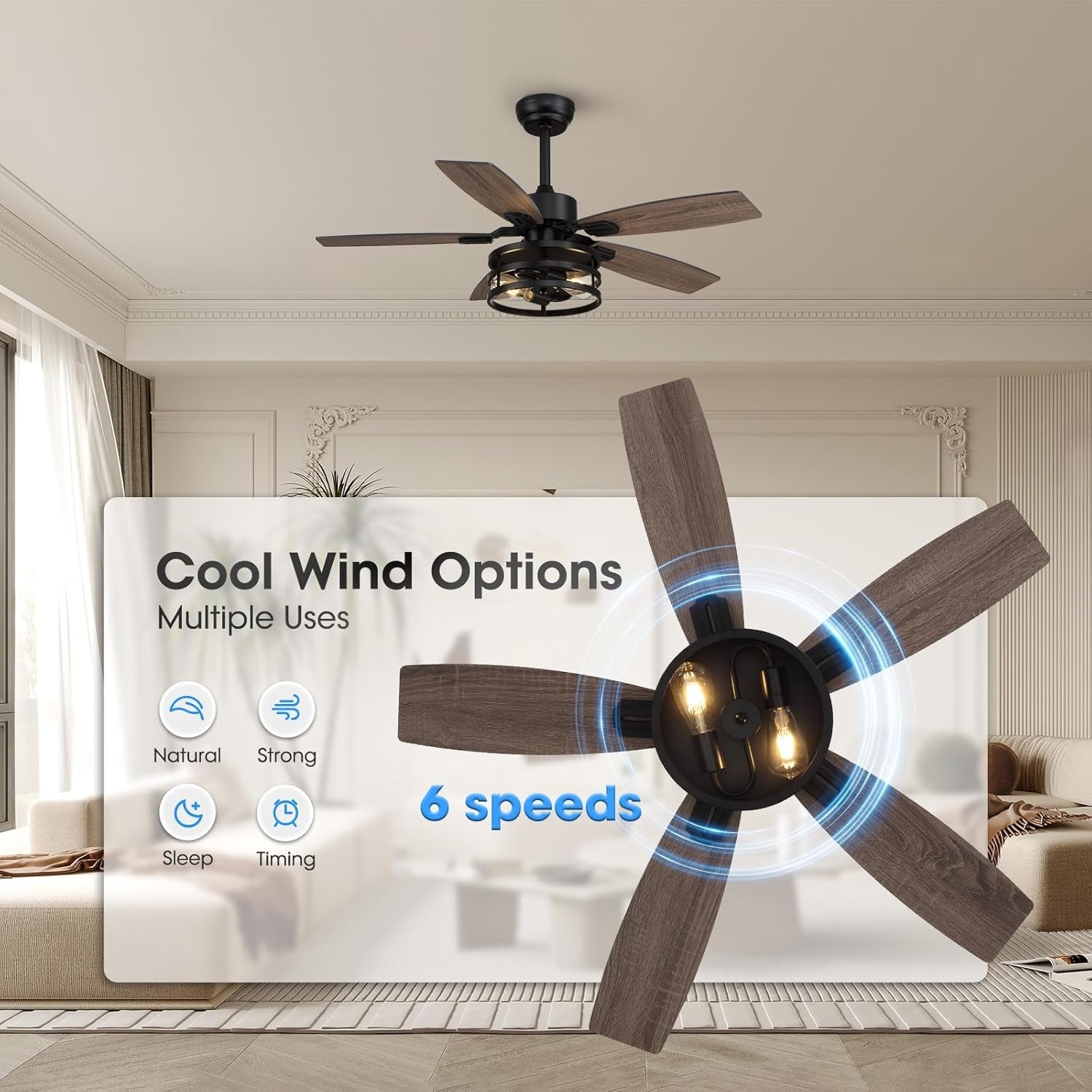 42 Inch Caged Ceiling Fan With Remote Control For Indoor And Outdoor