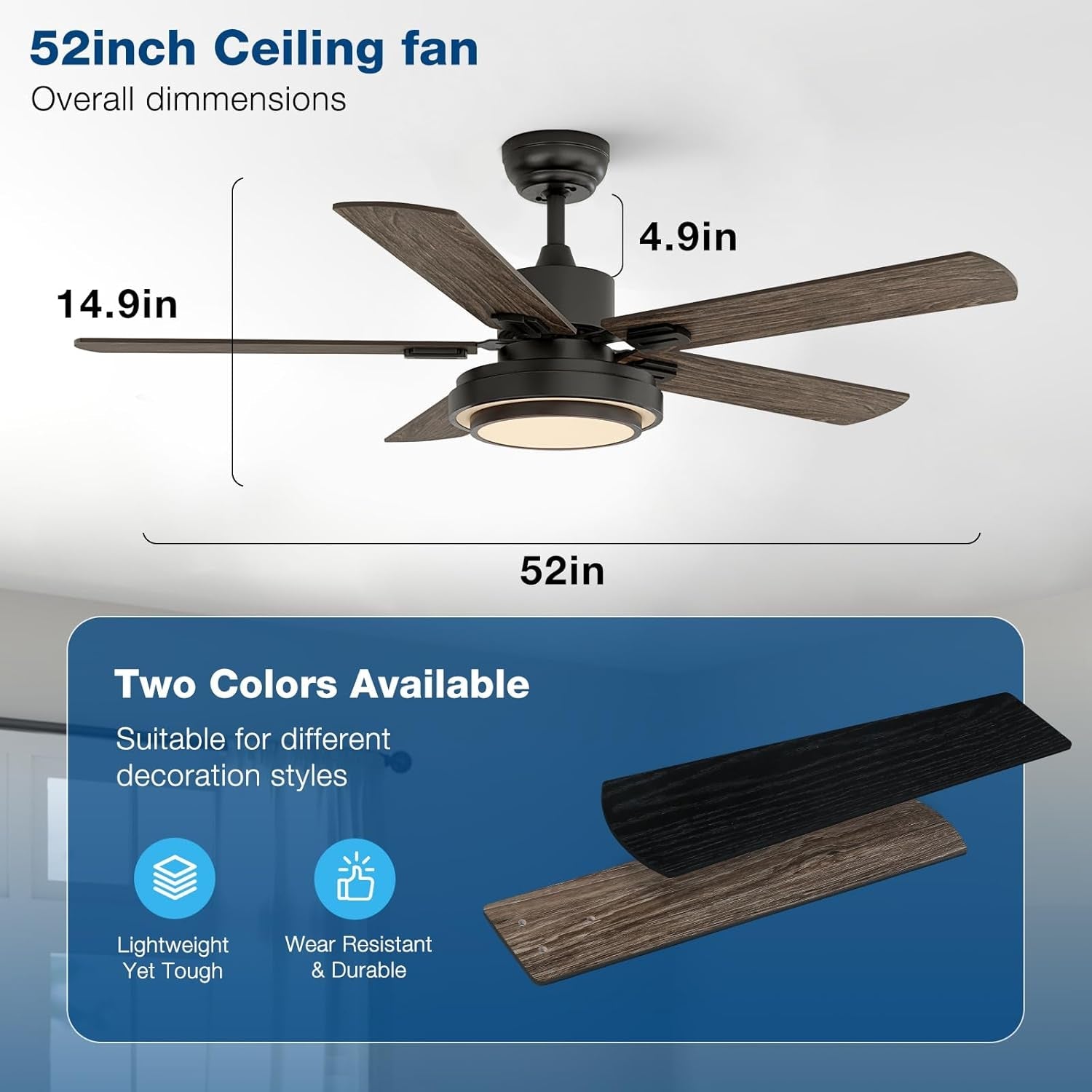 52 Inch Ceiling Fan With Light Remote Control Dimmable LED