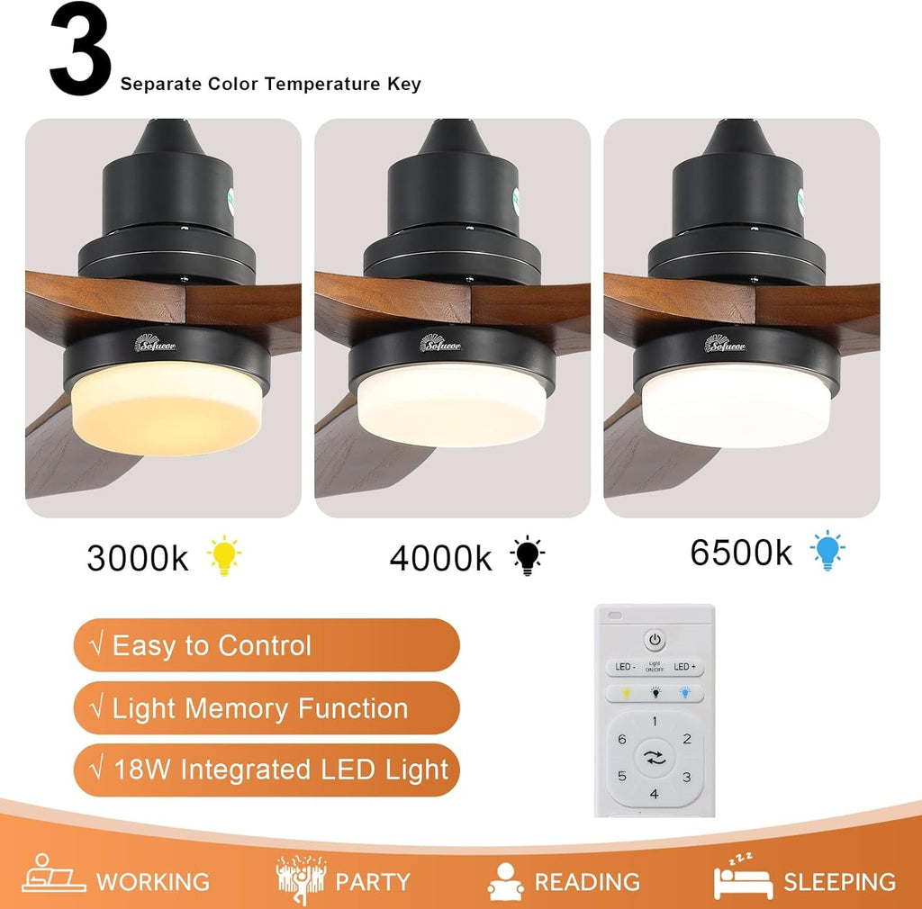 52 Inch Ceiling Fan With Lights Remote Control Matte Black