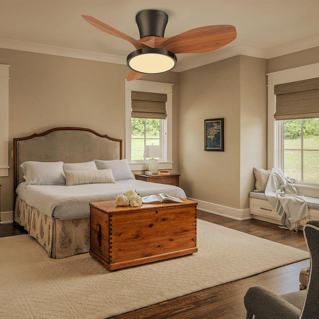 32 Inch Quiet Ceiling Fan With LED Light Remote Control Walnut Finish