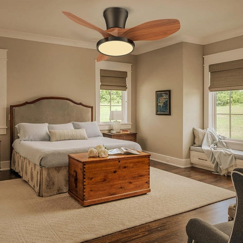 32 Inch Quiet Ceiling Fan With LED Light Remote Control Walnut Finish