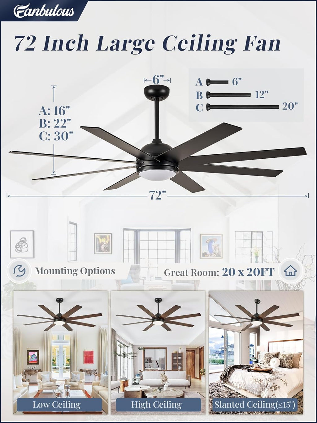 72 Inch Black Outdoor Ceiling Fan With Light And Remote