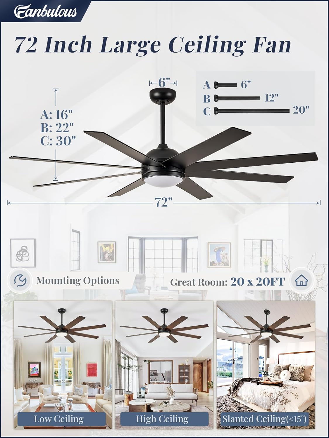 72 Inch Black Outdoor Ceiling Fan With Light And Remote