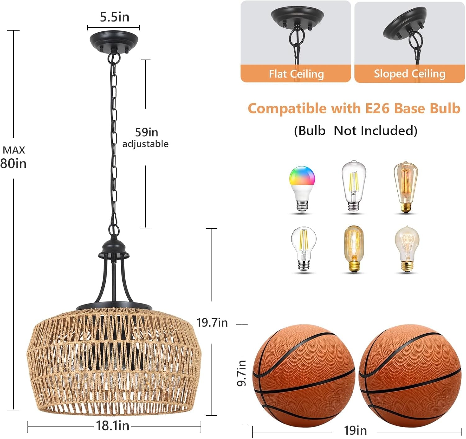 Large 5 Light Handwoven Rattan Boho Dining Room Chandelier