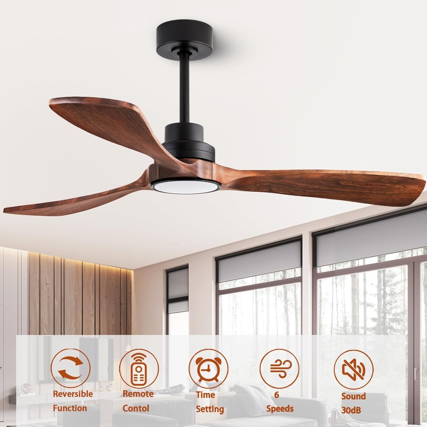 52 Inch Solid Wood Ceiling Fan With Light And Remote