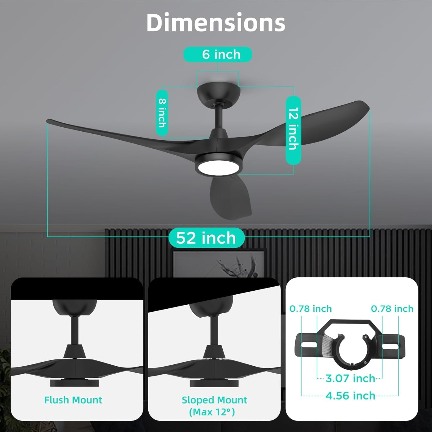 52 Inch Black Ceiling Fan With Remote And Light DC Motor