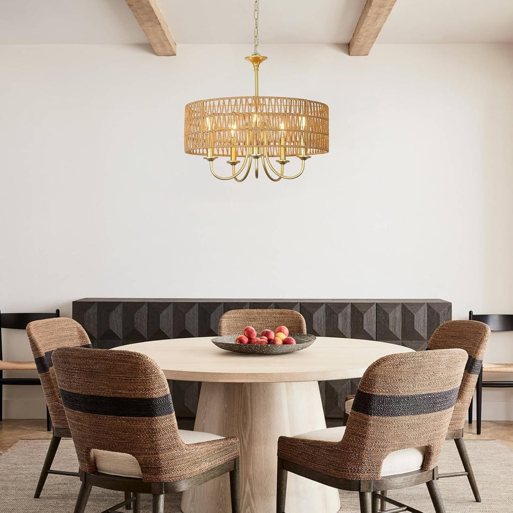 Gold 5 Light Rattan Boho Chandelier Pendant Lighting