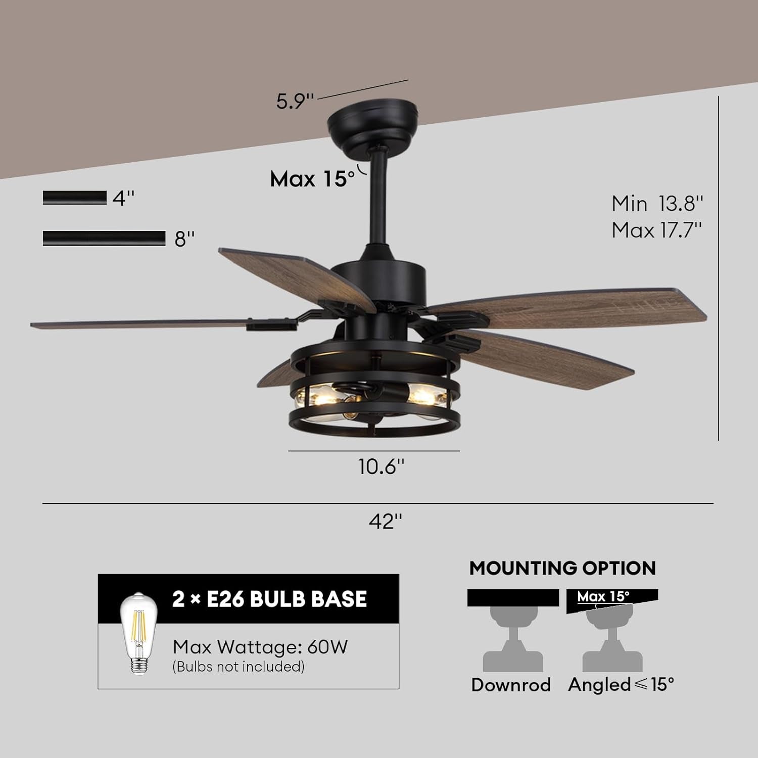 42 Inch Caged Ceiling Fan With Remote Control For Indoor And Outdoor