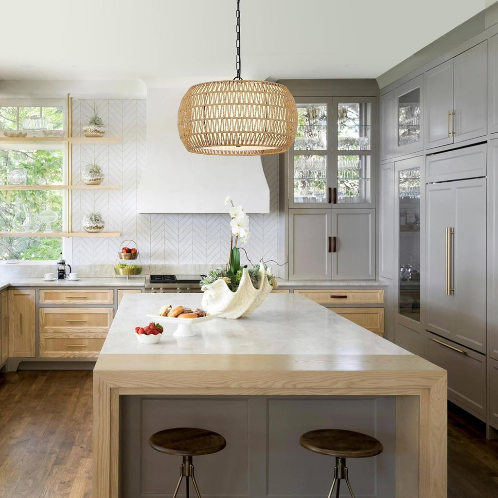Rattan Farmhouse 5 Light Chandelier With Fabric Shade