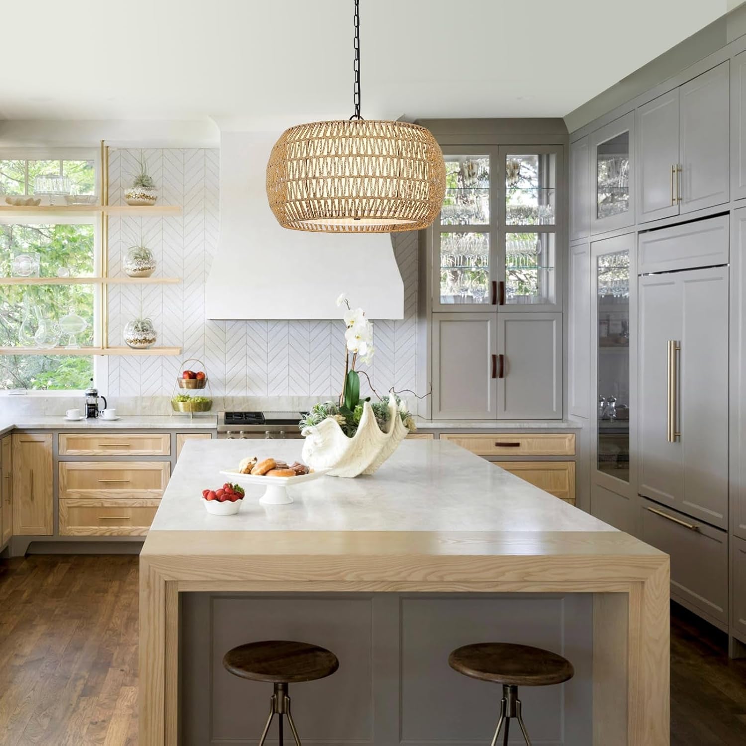 Rattan Farmhouse 5 Light Chandelier With Fabric Shade