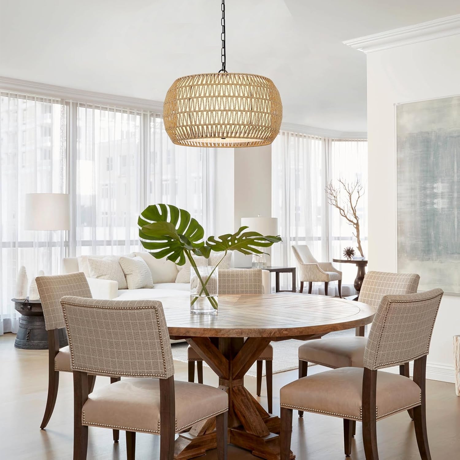 Rattan Farmhouse 5 Light Chandelier With Fabric Shade