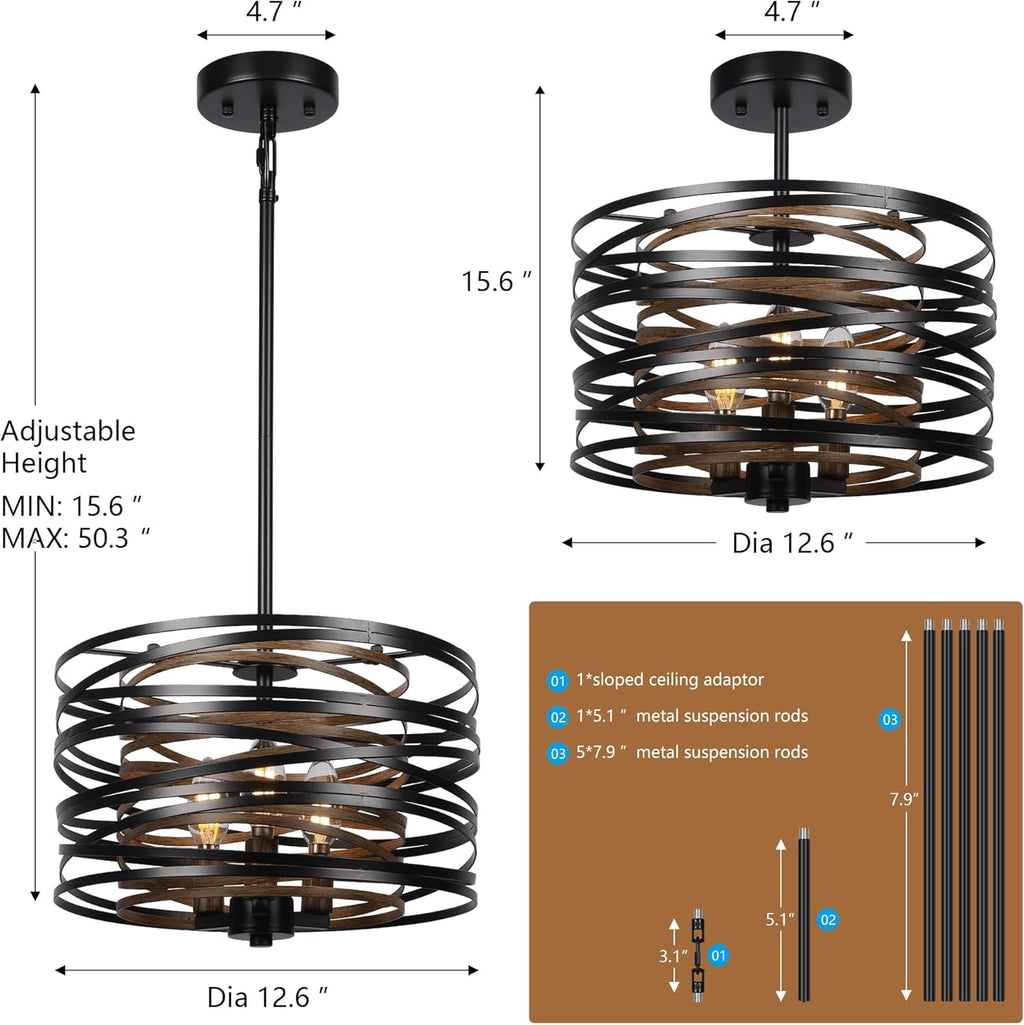12.6 Rustic Farmhouse Three Light Drum Chandelier Black