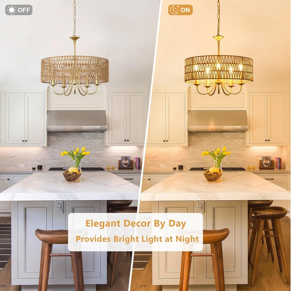 Gold 5 Light Rattan Boho Chandelier Pendant Lighting