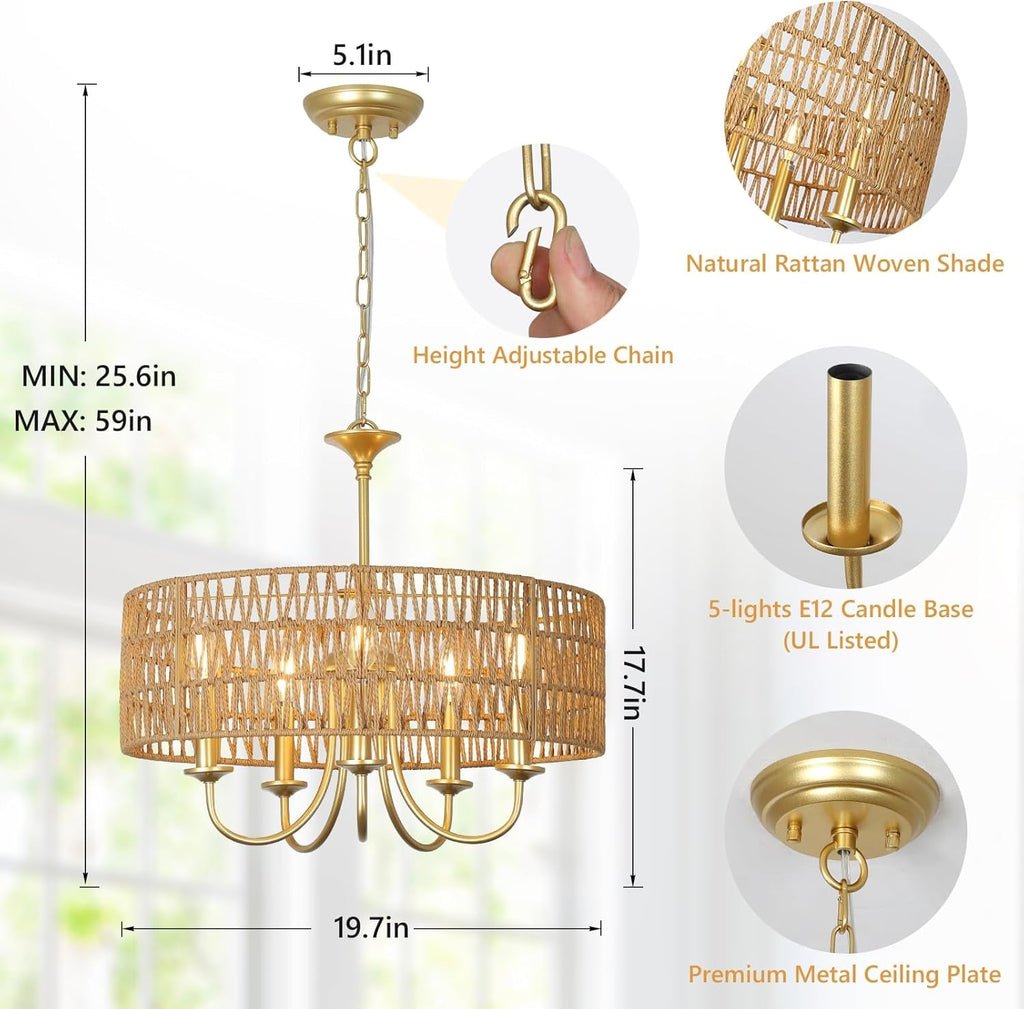 Gold 5 Light Rattan Boho Chandelier Pendant Lighting