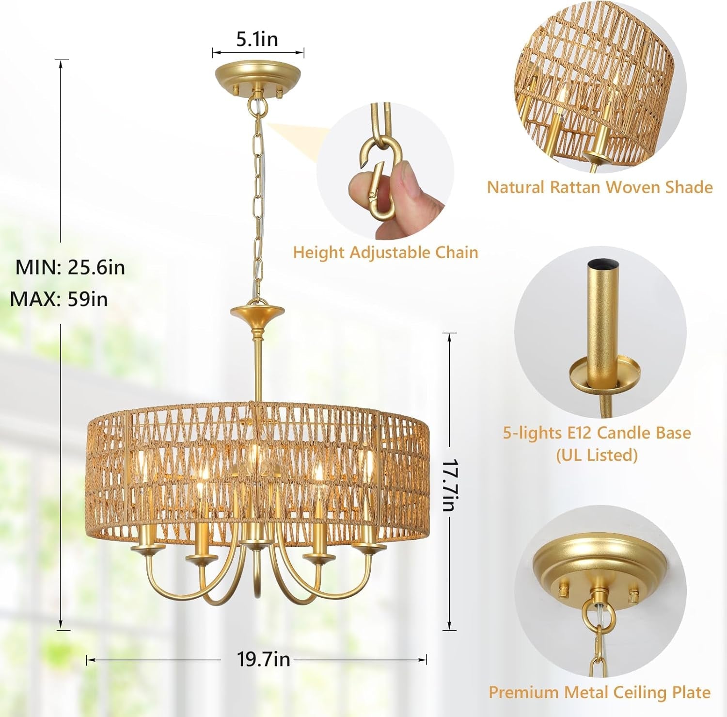 Gold 5 Light Rattan Boho Chandelier Pendant Lighting