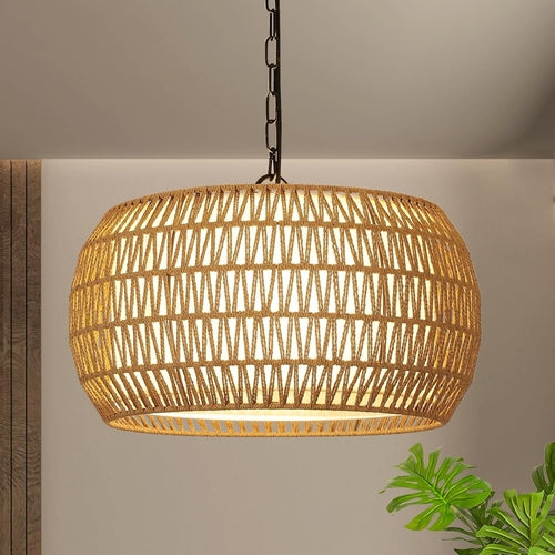 Rattan Farmhouse 5 Light Chandelier With Fabric Shade