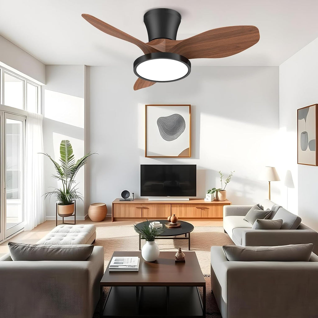 32 Inch Quiet Ceiling Fan With LED Light Remote Control Walnut Finish