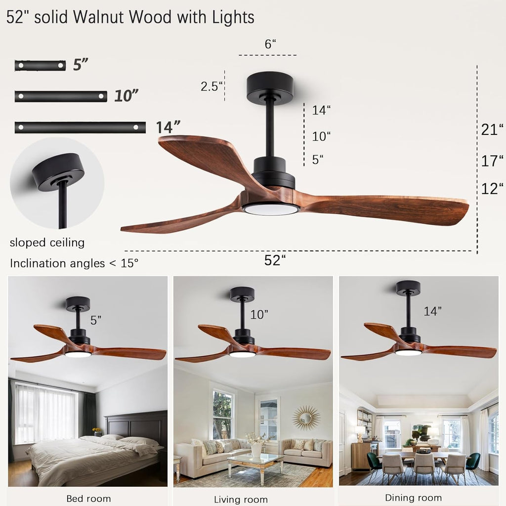 52 Inch Solid Wood Ceiling Fan With Light And Remote
