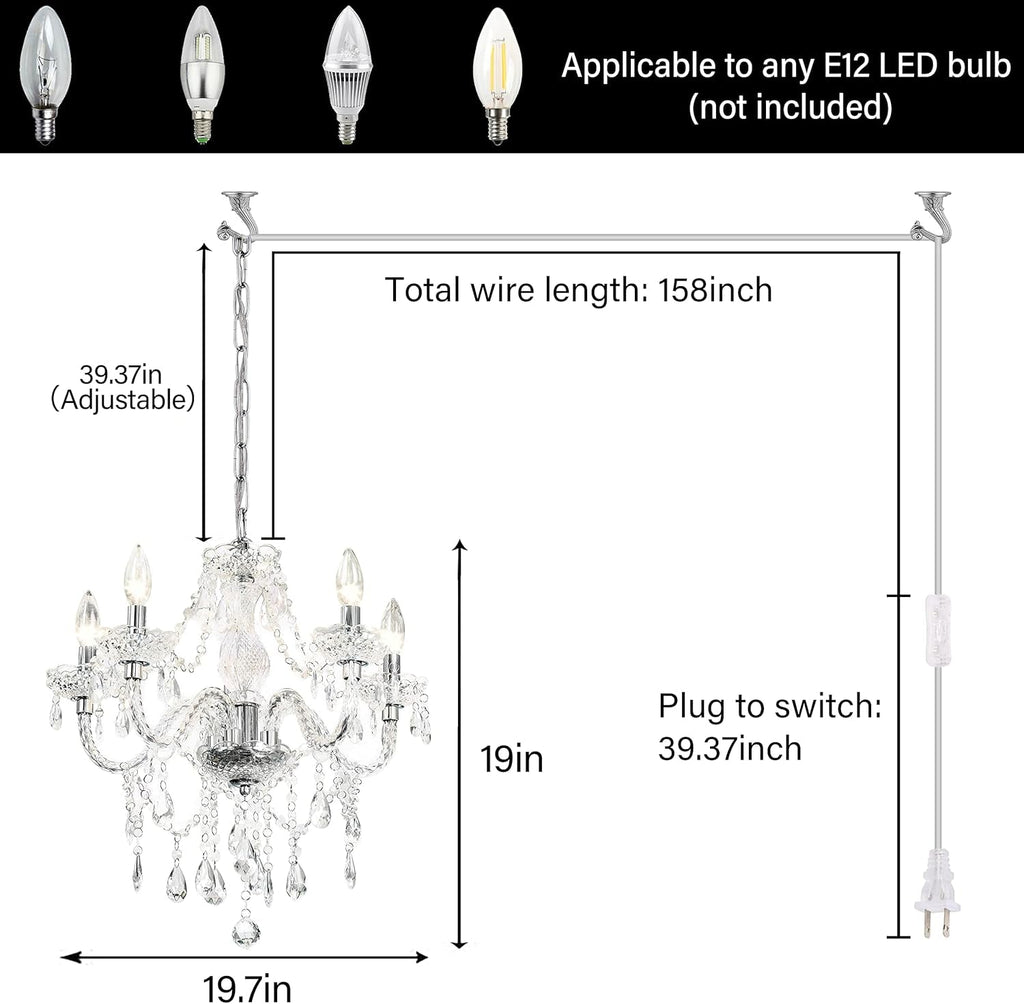 2 Pack 5 Light Crystal Pendant Lights Plug In With Clear Cord And On