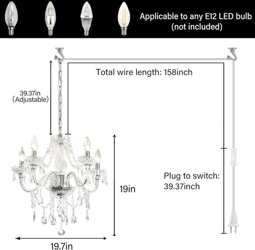 2 Pack 5 Light Crystal Pendant Lights Plug In With Clear Cord And On