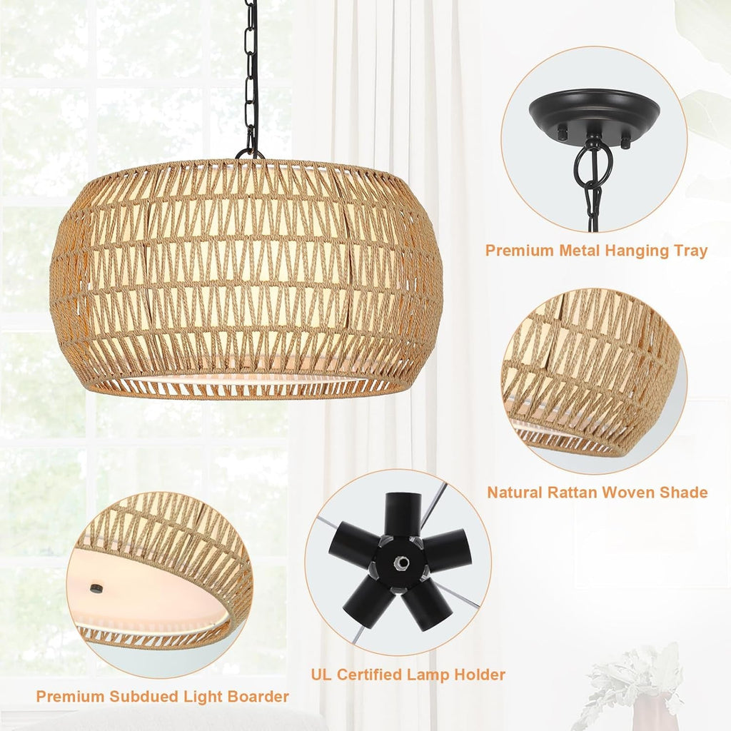 Rattan Farmhouse 5 Light Chandelier With Fabric Shade