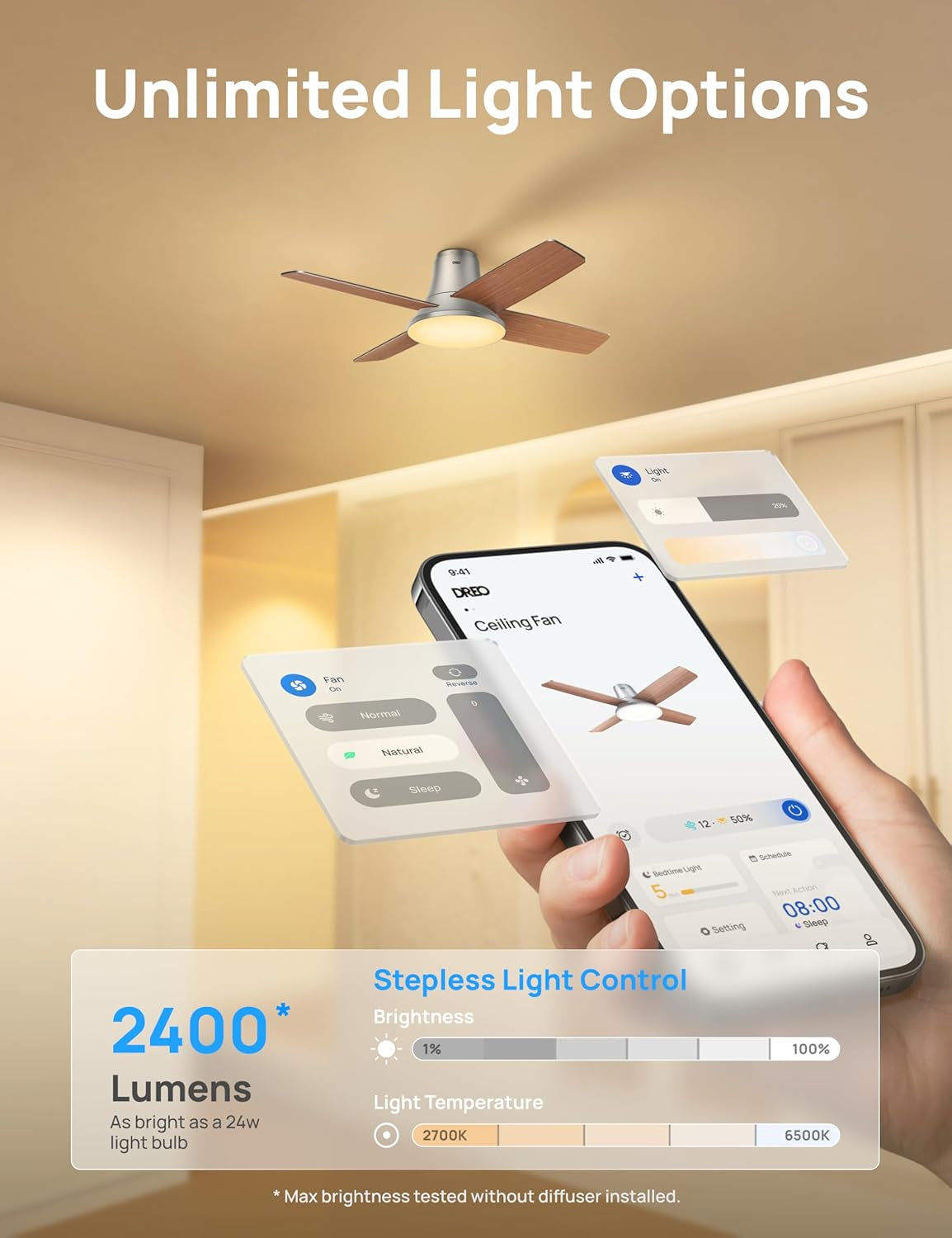 Smart Ceiling Fan 44 Inch Silver With Dimmable LED Light