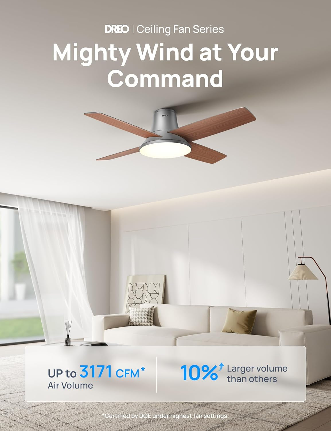 Smart Ceiling Fan 44 Inch Silver With Dimmable LED Light