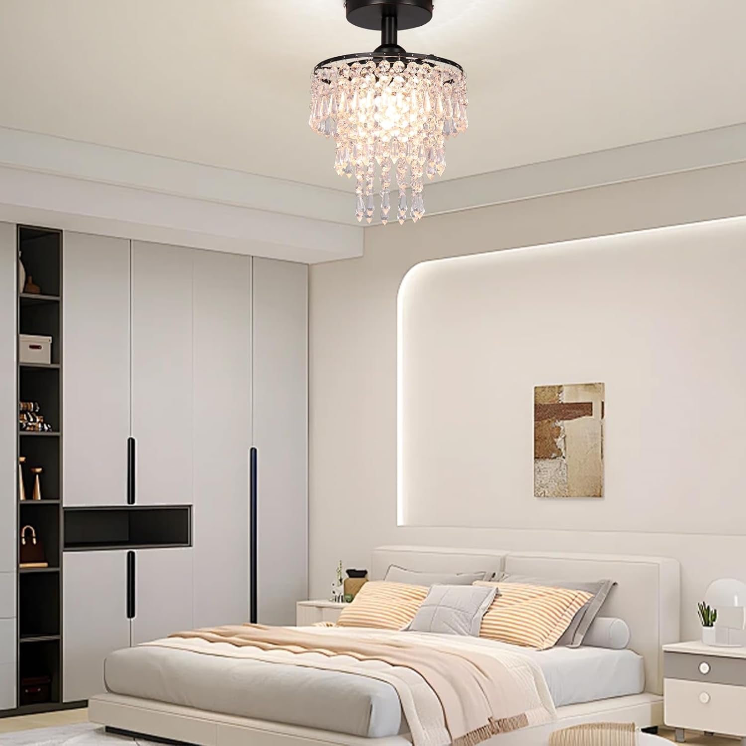 Small Black Crystal Chandelier Flush Mount With Raindrops
